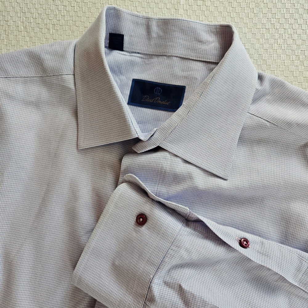 David Donahue Mens 18 36/37 Dress Shirt Purple Lavender Blue Micro Check Cotton